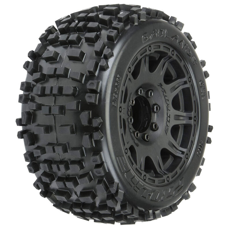 1/8 Badlands F/R 3.8" MT Tires Mounted 17mm Blk Raid (2)